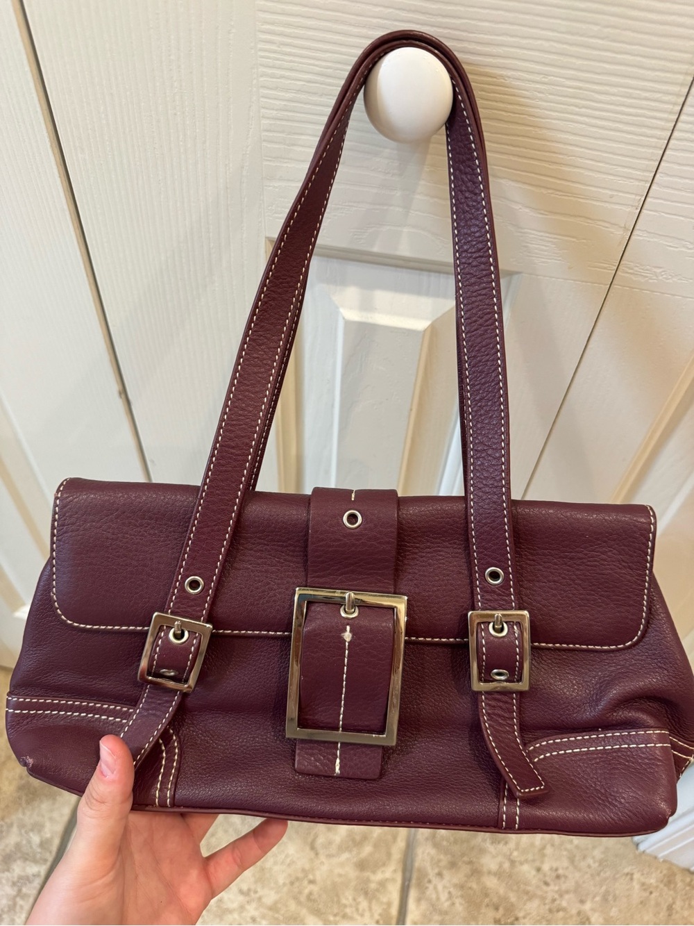 Women's Burgundy Leather Buckle Shoulder Bag by